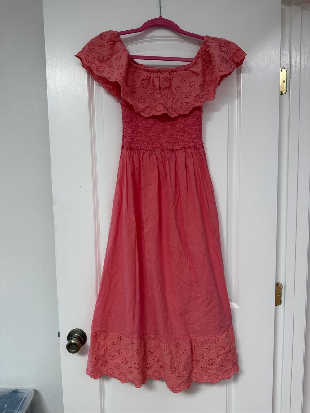 Women's Coral Off-Shoulder Smocked  Eyelet Midi Dress